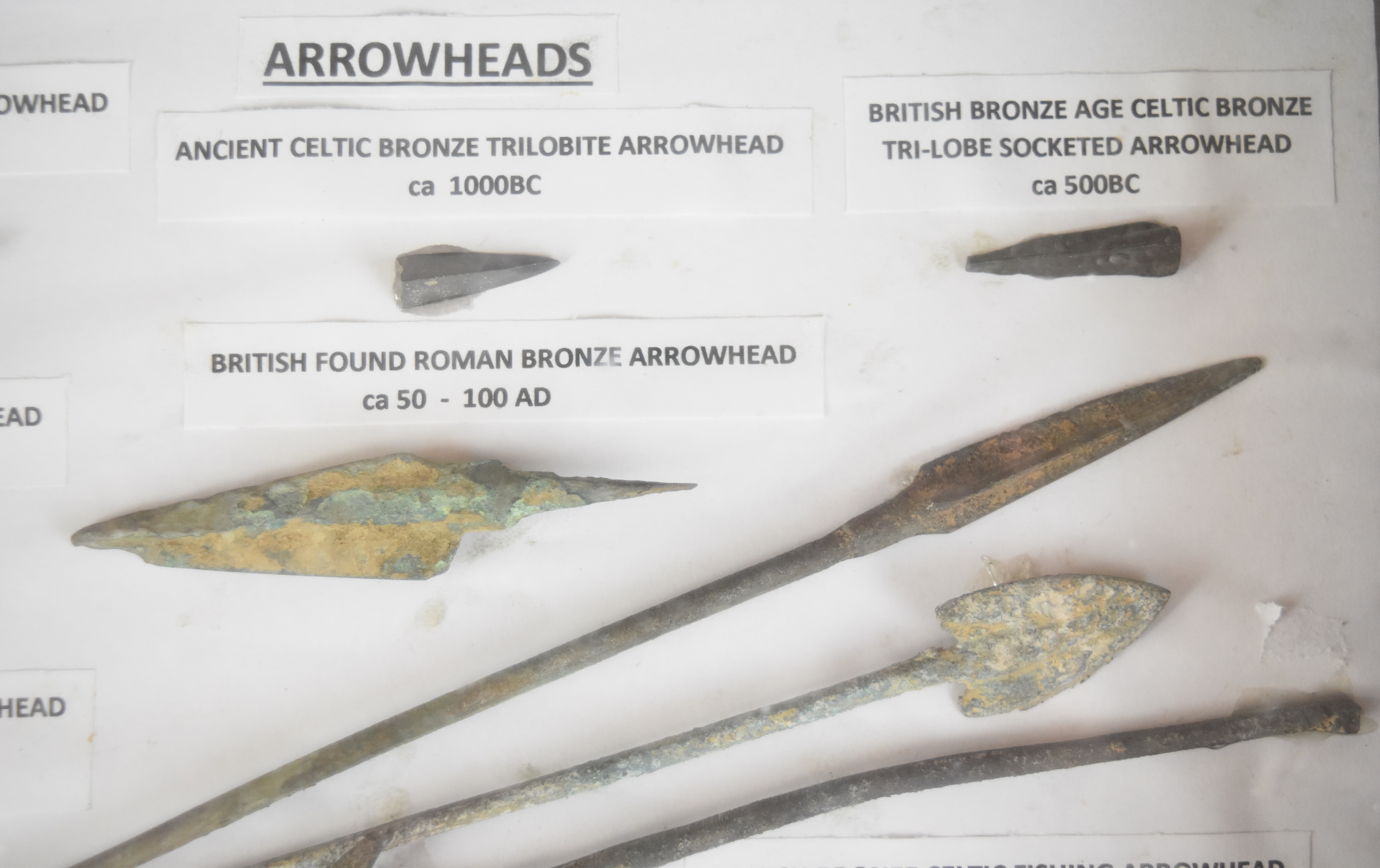 Mounted display of ancient arrow heads including Greek, Celtic, Roman, Viking and Danish, case - Image 9 of 10