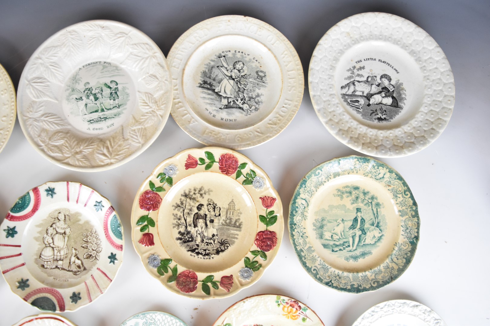 19thC nursery ware plates, mostly featuring dogs / children including The Romp, Docility, My Noble - Image 3 of 8