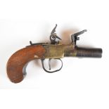 Rea of London flintlock pocket pistol with named and engraved brass lock, thumb slide safety, shaped
