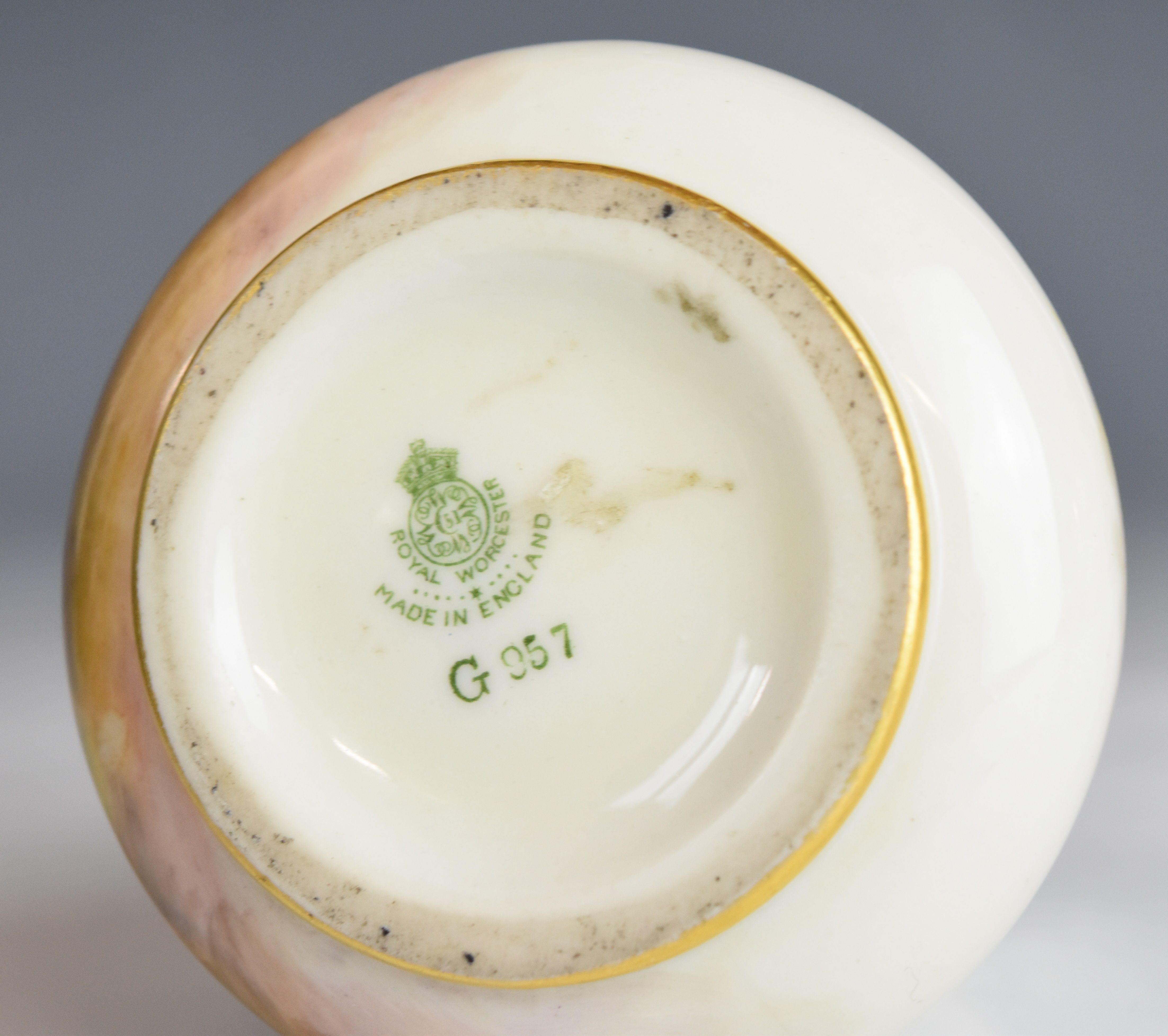 Royal Worcester signed James Stinton pedestal vase with frilled rim, decorated with pheasants, - Image 8 of 8