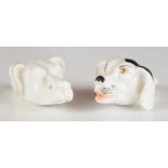 Two 19thC porcelain Worcester / Derby dog whistles, longest 5cm