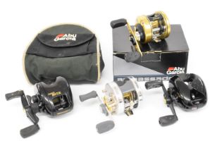 Four Abu Ambassadeur multiplier fishing reels comprising 4600CL3, 5600DS, Black Max and Mag plus XT,