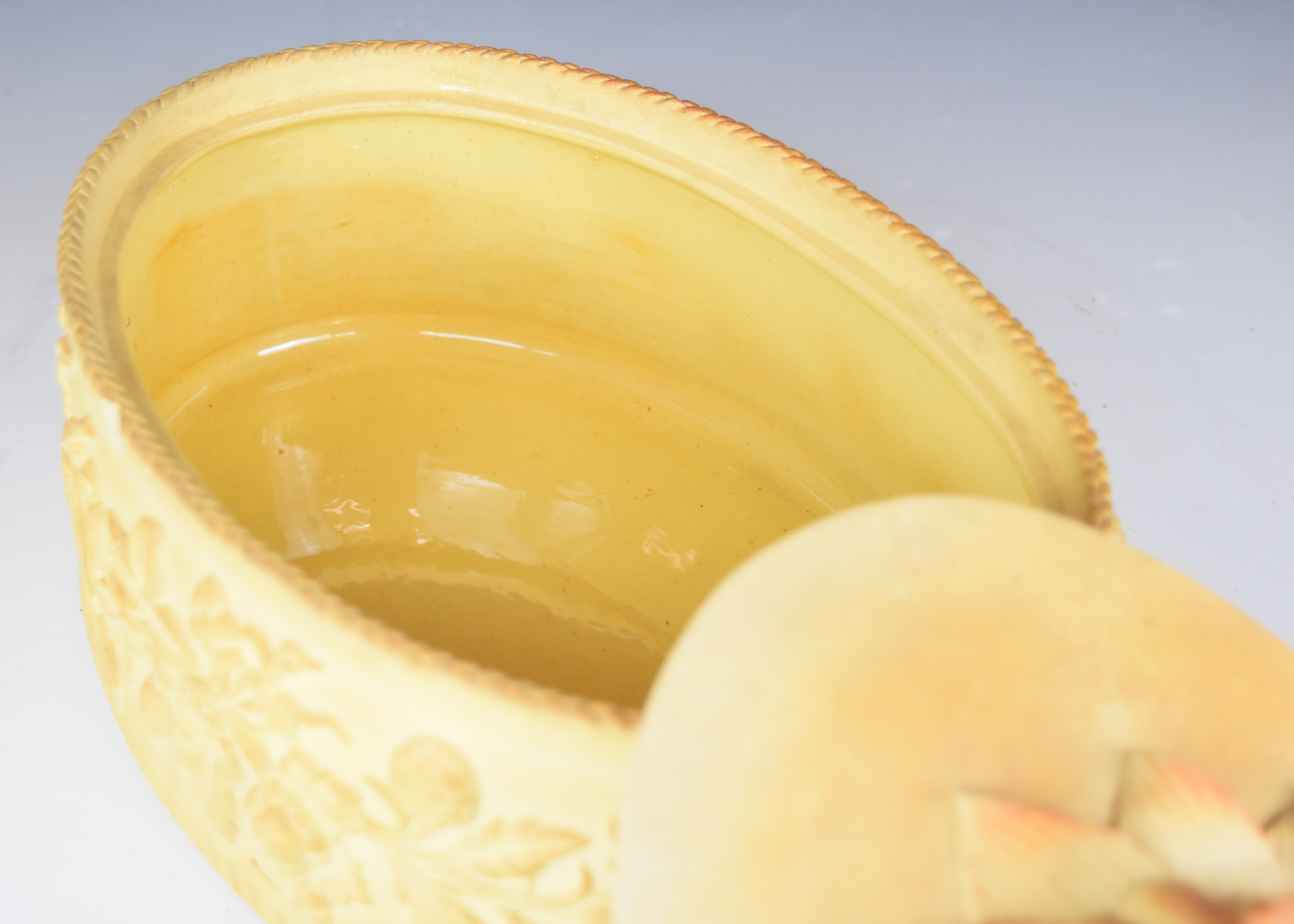 19thC caneware game pie dish and cover with decoration in relief and ornate flower petal finial, L26 - Image 9 of 10