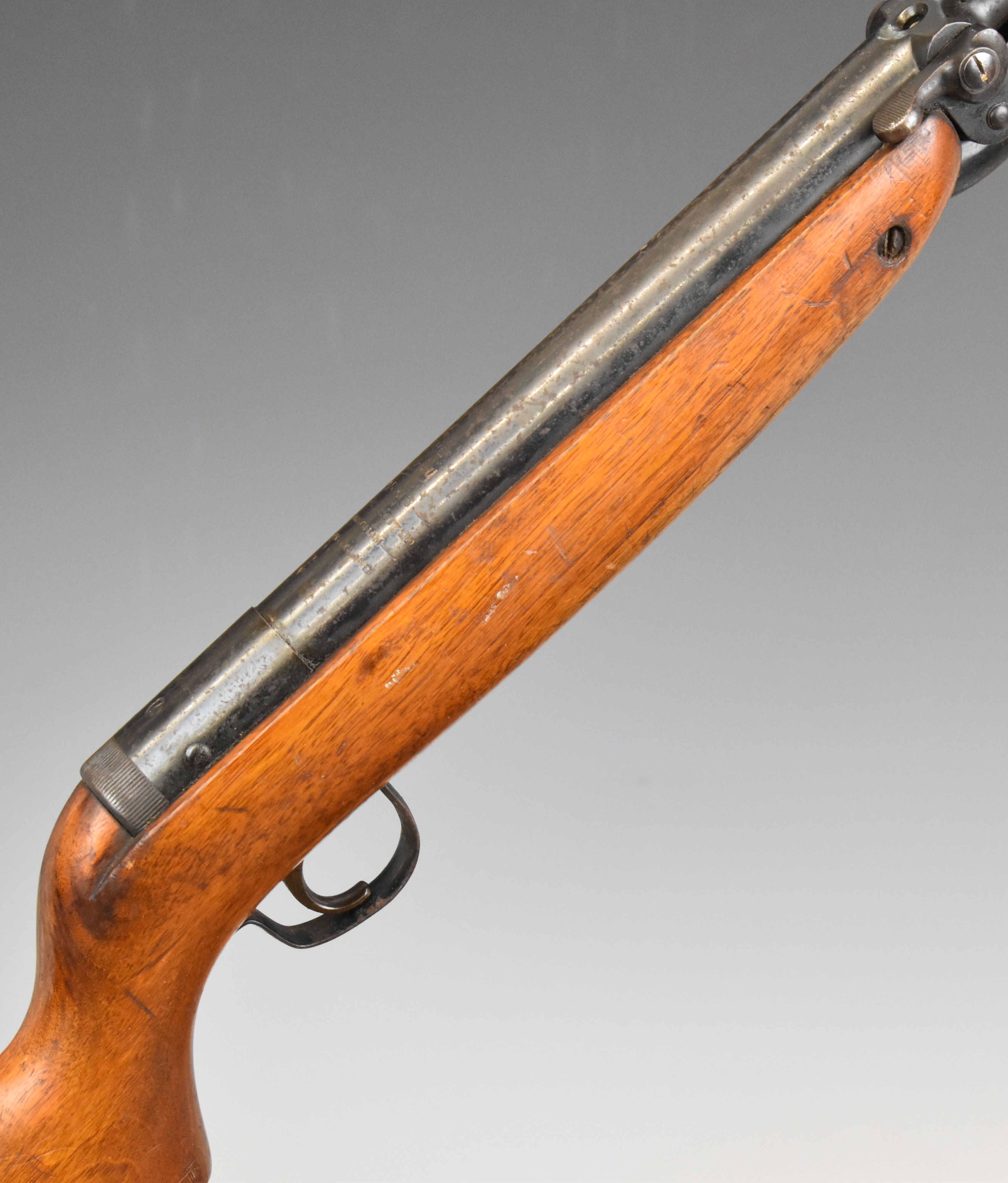 Webley Mark 3 .22 under-lever air rifle with plaque inset to the stock, semi-pistol grip and