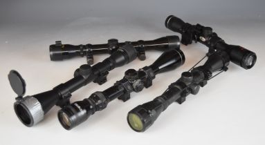 Five various rifle scopes comprising Richter Optik 4x40, SMK 4x32, Tasco 3-9x40, Optima 4x32 and one