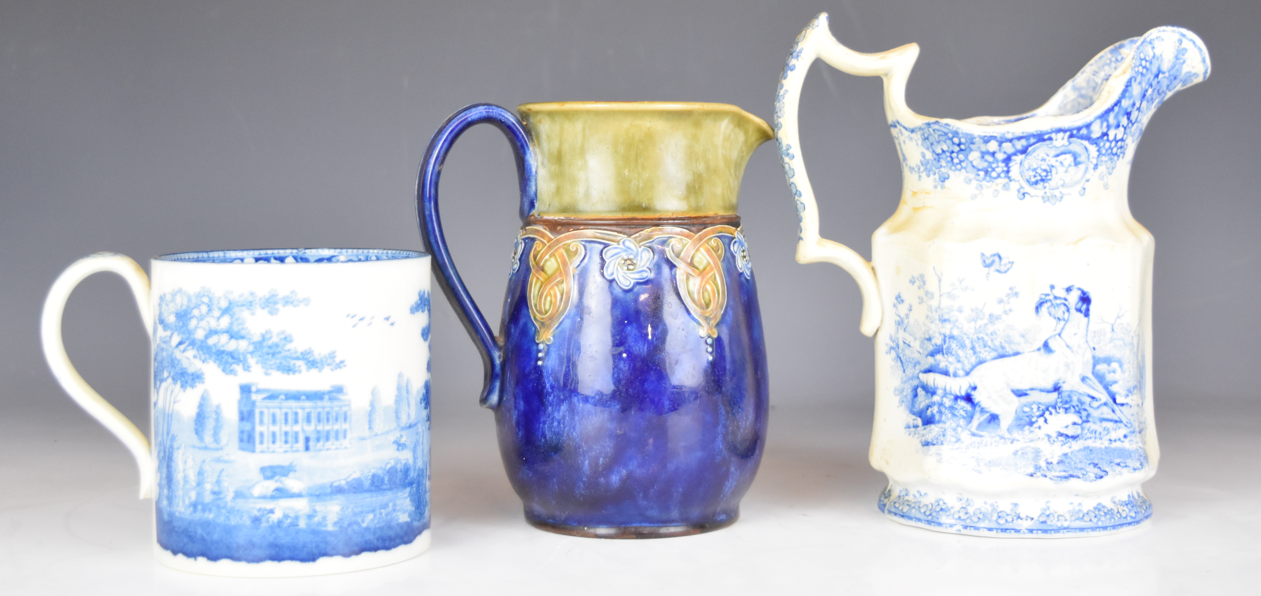 19thC blue and white transfer printed ware including a sifter, large tankard, jug with sporting - Image 6 of 8