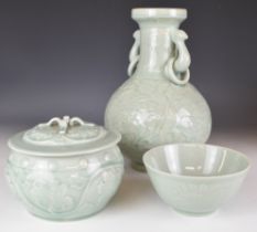 Chinese celadon glazed vase, height 32cm, and matching covered pot and bowl, all with four character
