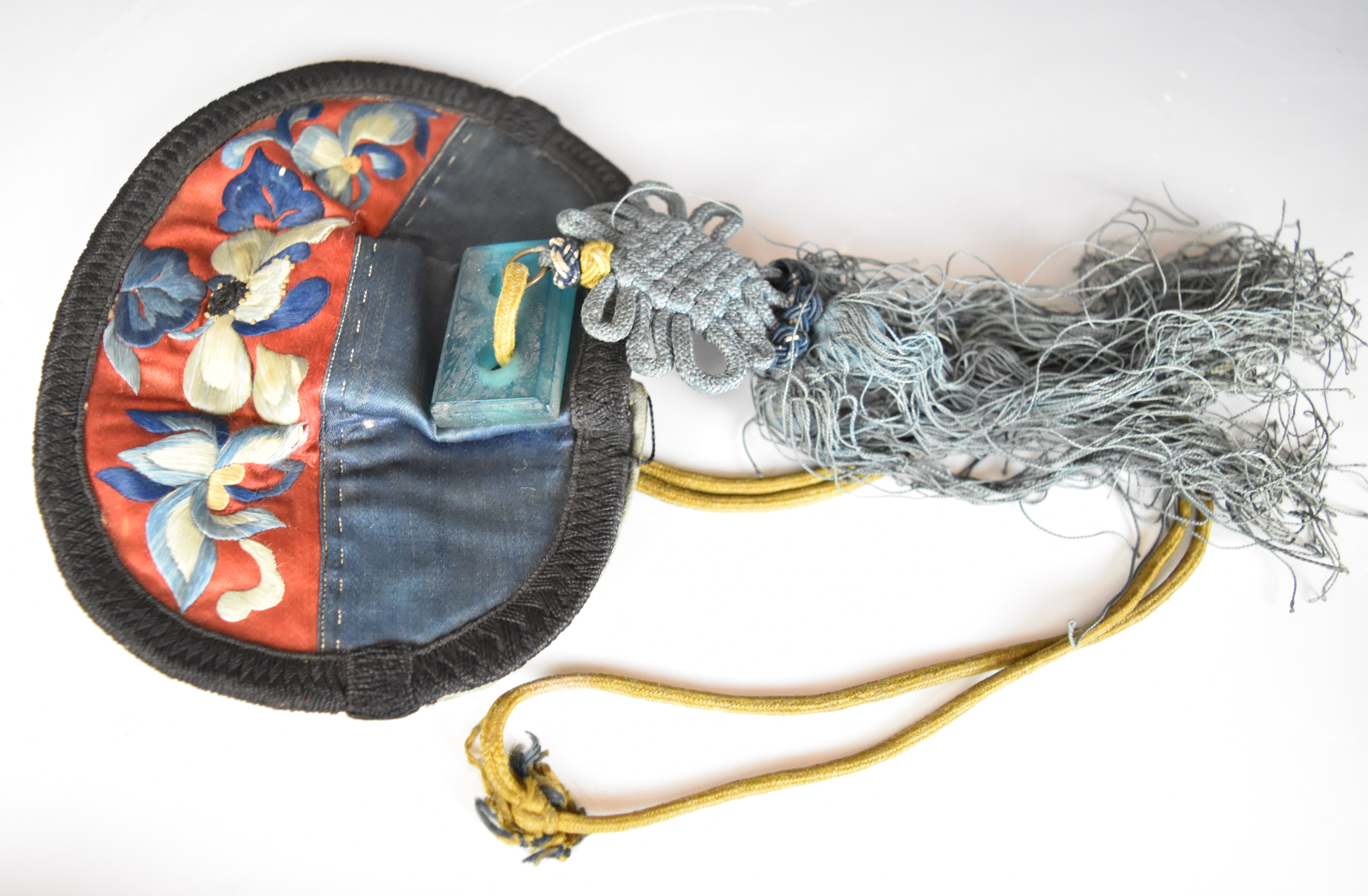 Two Chinese embroidered hats with metal Buddha and bell ornaments, together with an embroidered silk - Image 2 of 10