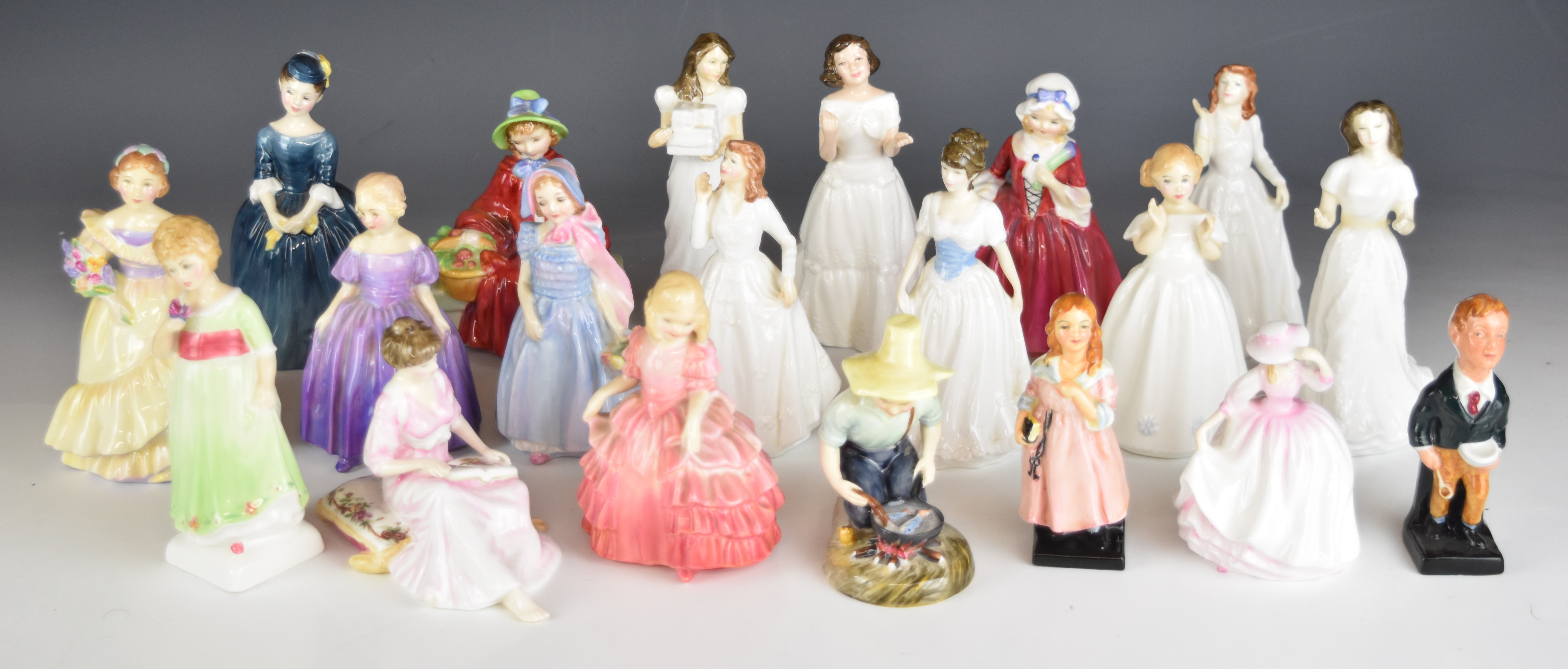 Ten Royal Doulton figurines including Kate Greenaway, Tess, Rose, Lavinia, Linda, two Dickens