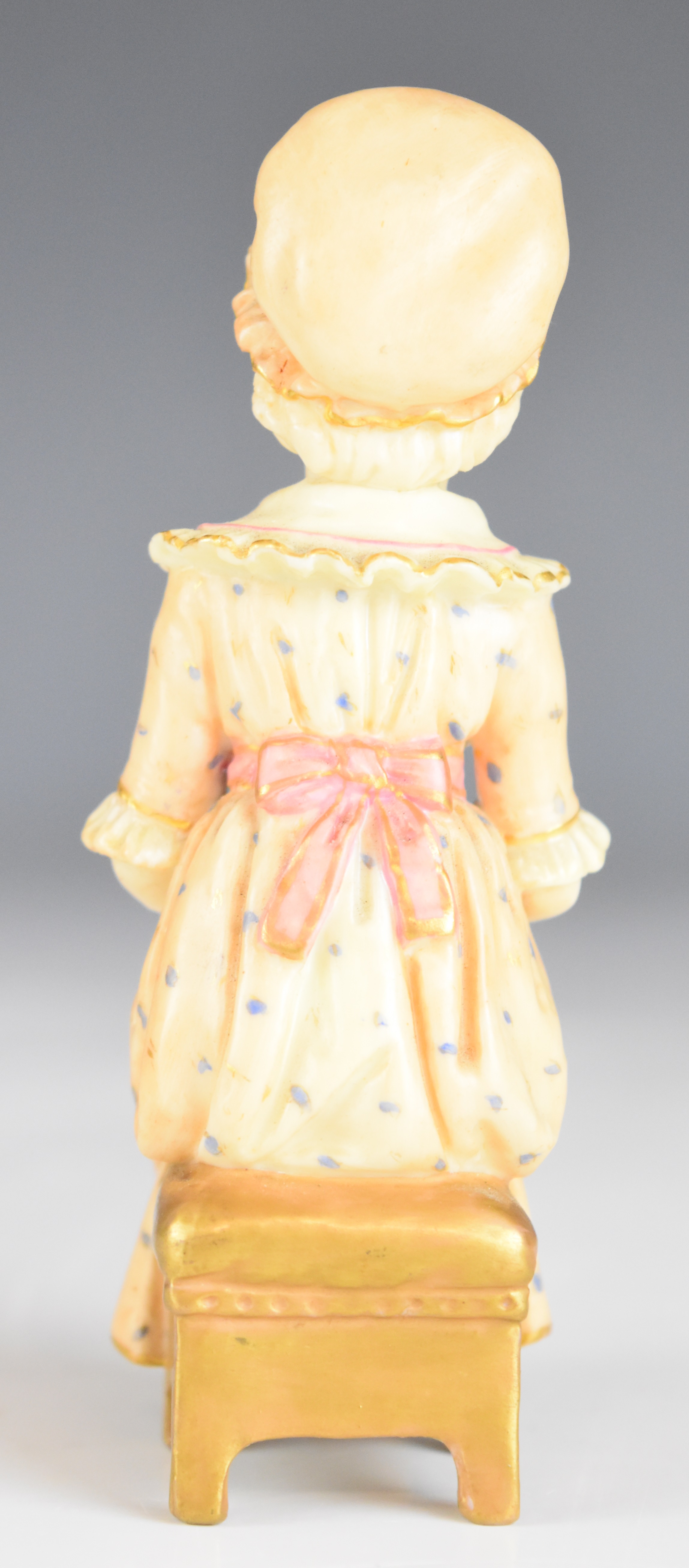 Royal Worcester Kate Greenaway style seated figurine, with puce backstamp, height 10.5cm - Image 3 of 8