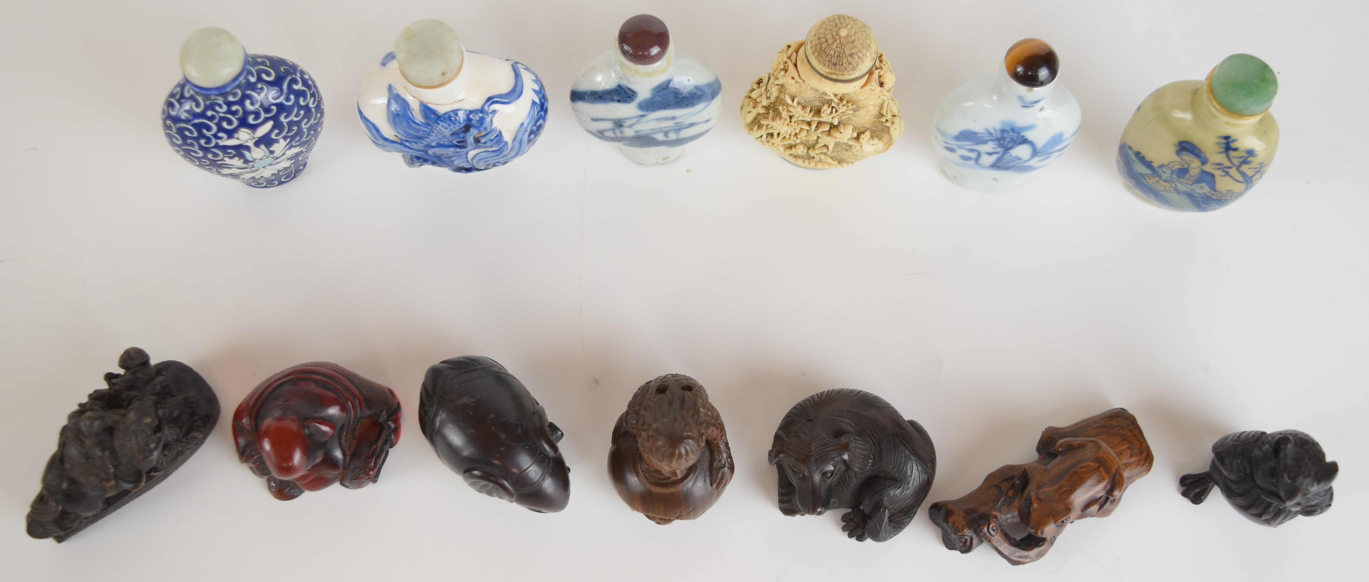 Collection of Chinese and Japanese snuff bottles, netsukes and amber or similar Buddha figure, - Image 2 of 4