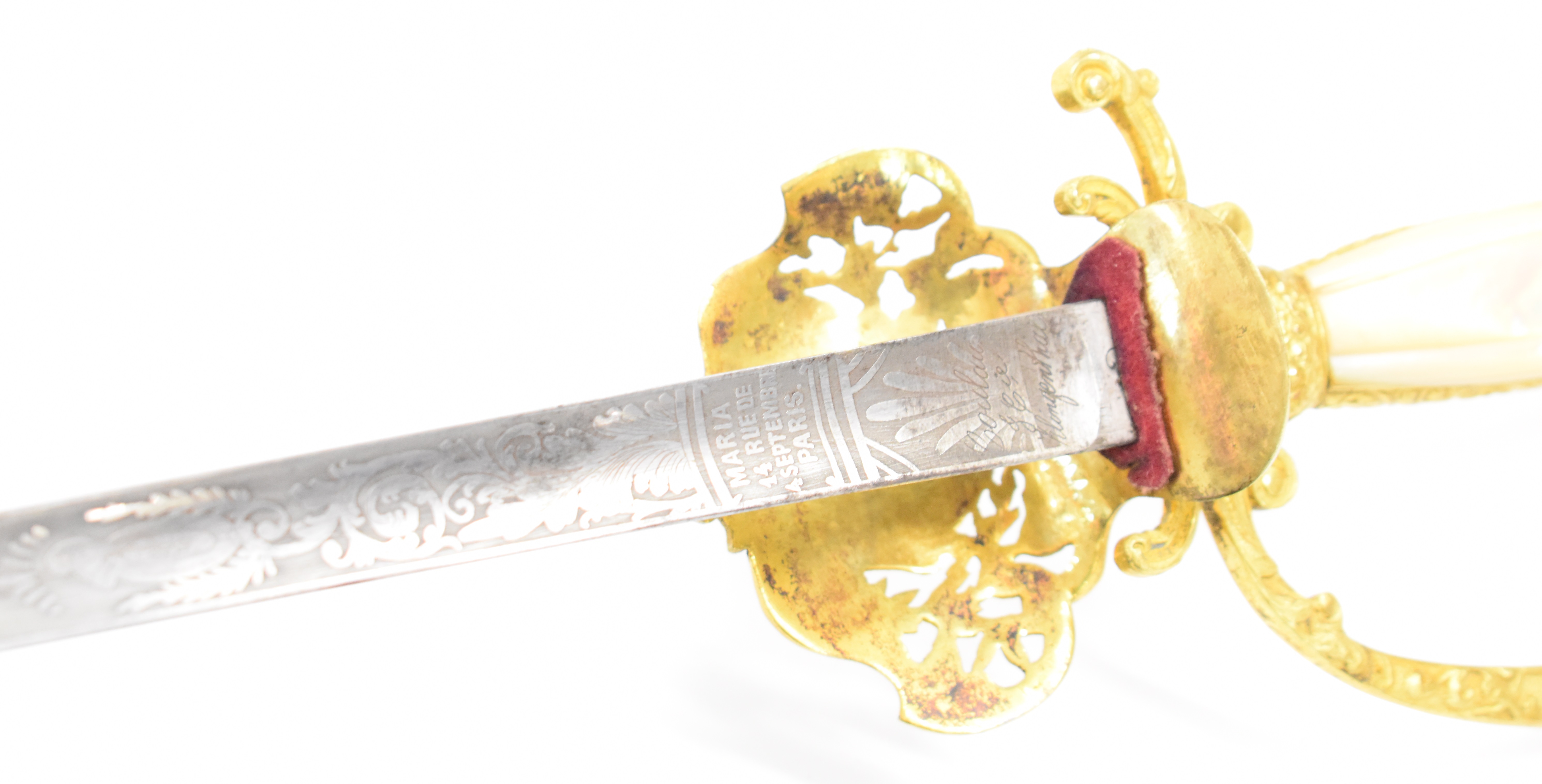 French made court sword retailed by Maria 14 Rue de Septembre Paris with gilt decorated hilt and - Image 10 of 11