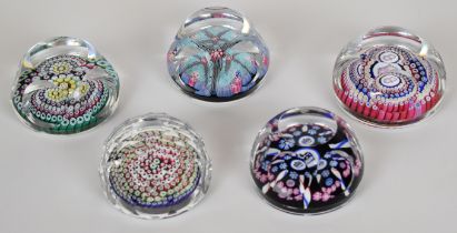 Five various Whitefriars millefiori glass paperweights including two Queen Elizabeth Silver Jubilee,