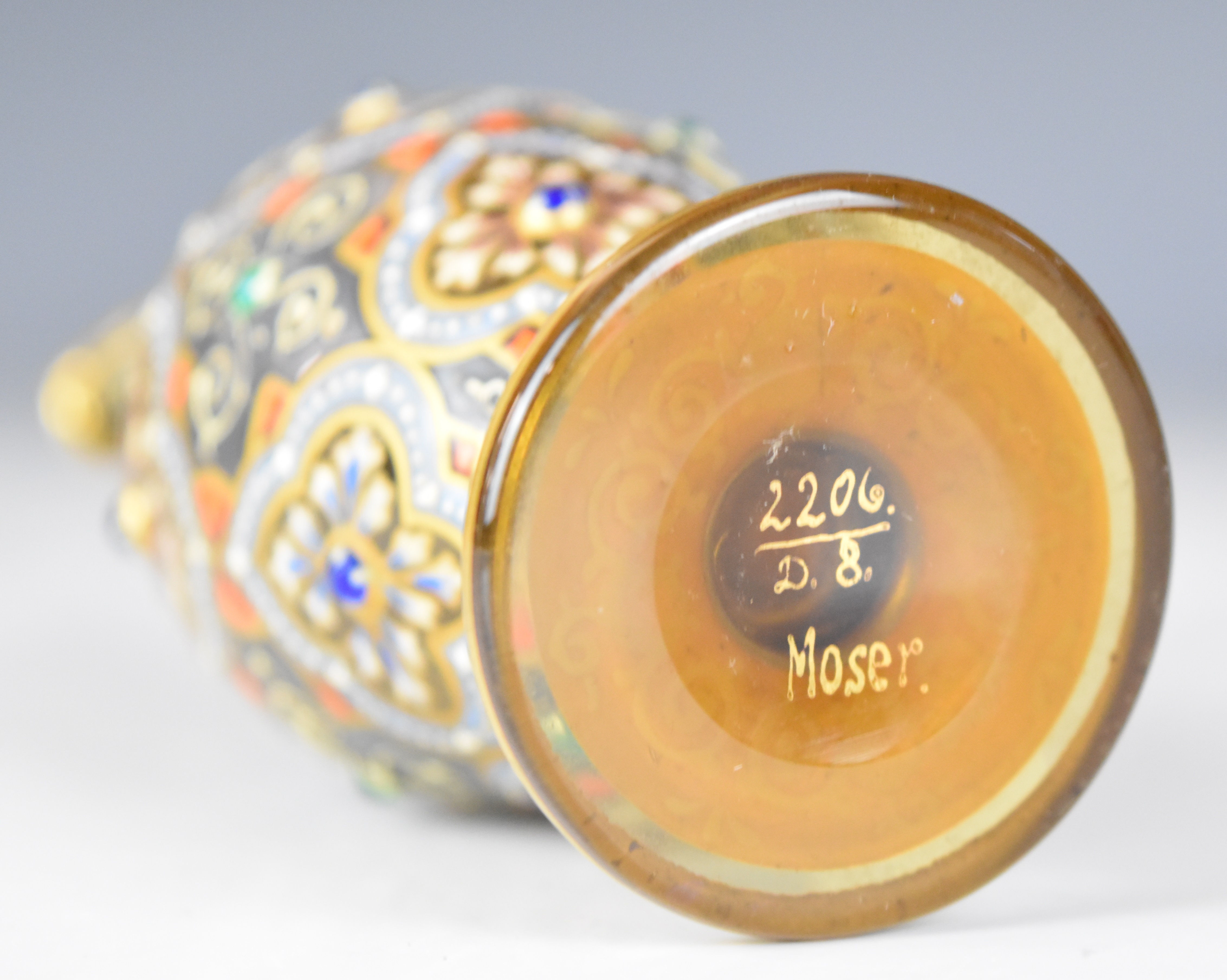 Moser glass pedestal ewer with gilt, enamelled and jewelled decoration, signed and numbered '2206 - Image 12 of 12
