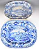 Two large 19thC blue and white transfer printed meat platters comprising Lowther Castle