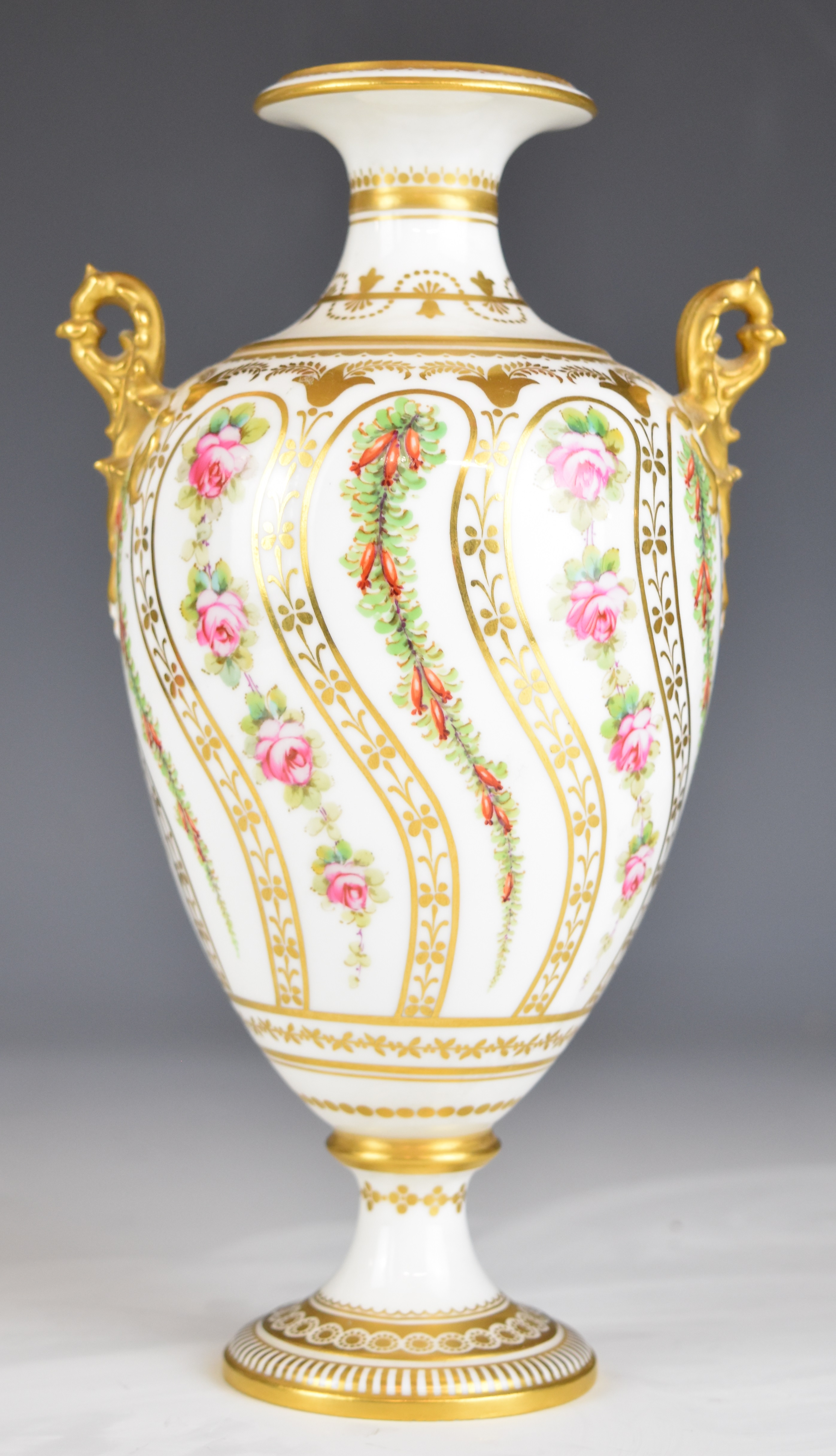 Royal Crown Derby twin handled pedestal vase decorated with roses and hips, height 21cm - Image 7 of 12