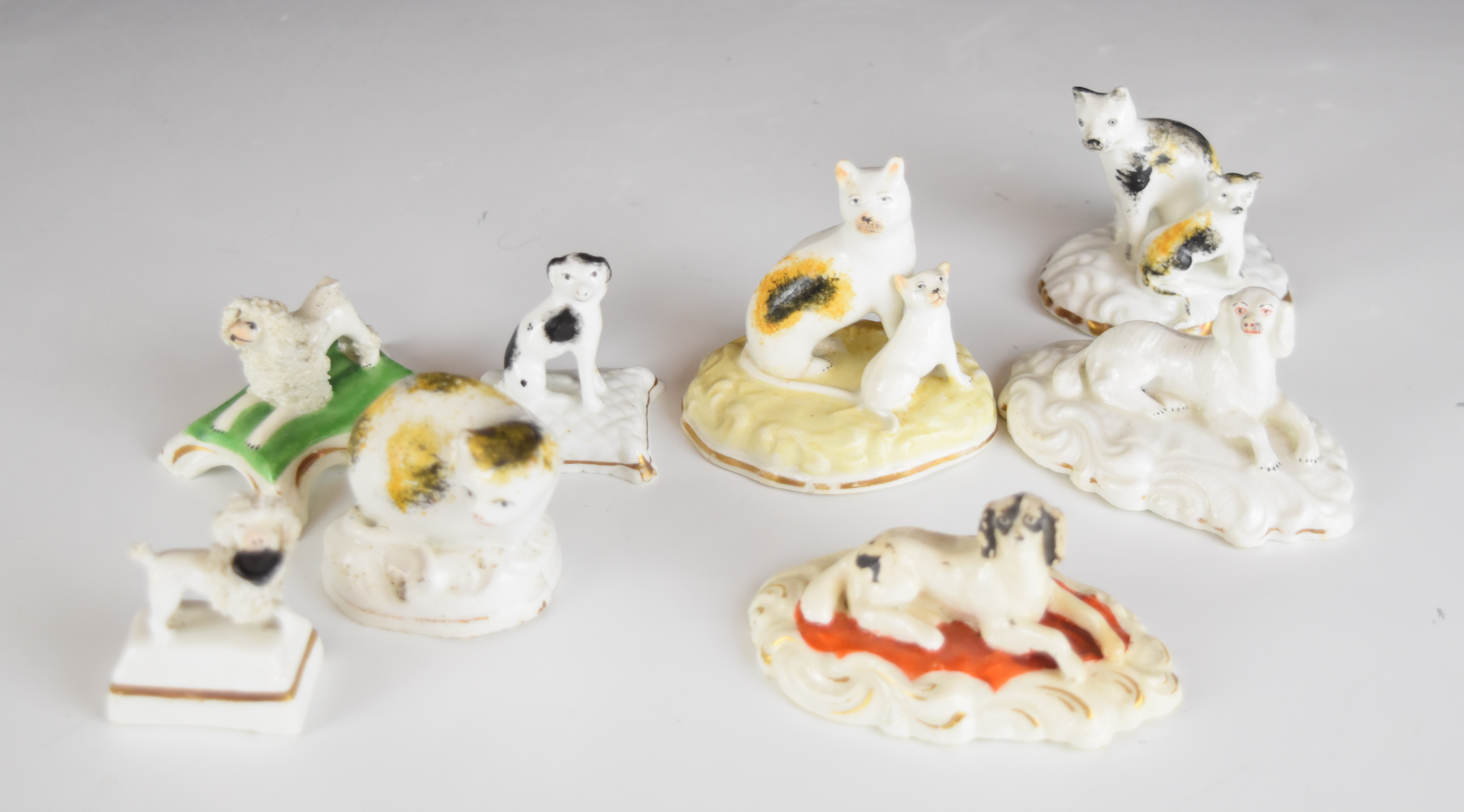 A collection of 19thC miniature Staffordshire and salt glazed stoneware cat and dog figures - Image 6 of 10