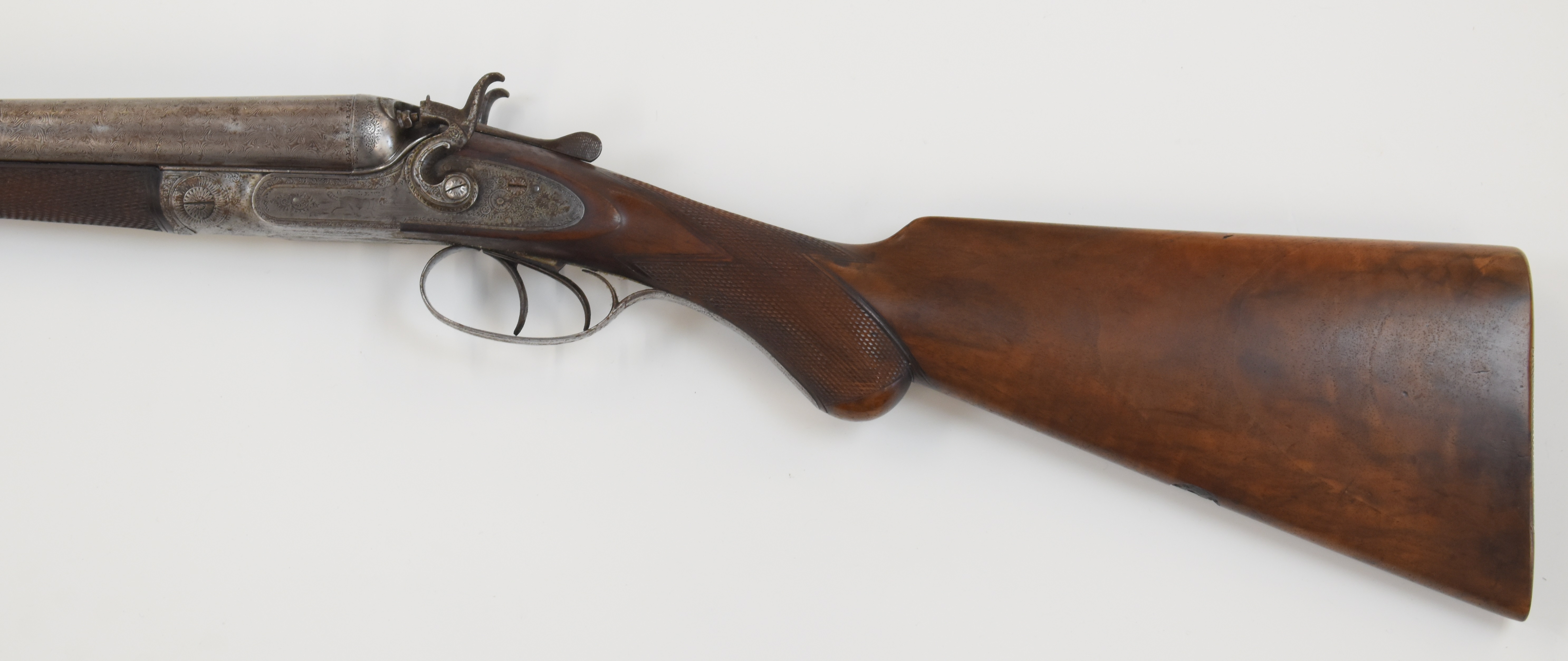 George Edward Lewis 12 bore side by side hammer action shotgun with named and engraved locks, - Image 11 of 13