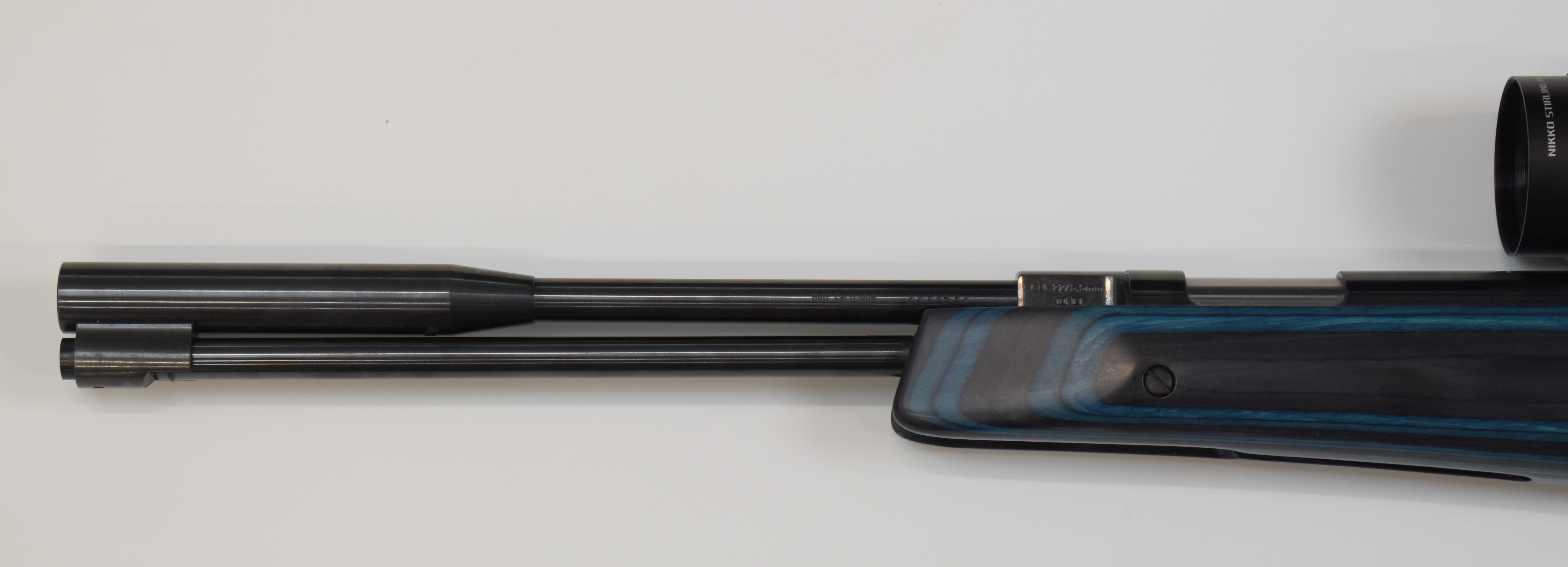 Weihrauch HW97K .22 underlever air rifle with blue laminated show wood stock, semi-pistol grip, - Image 9 of 10