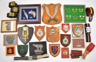 Militaria plaques, stable and leather belts, including 49th Infantry Division, 15th Lancashire R V