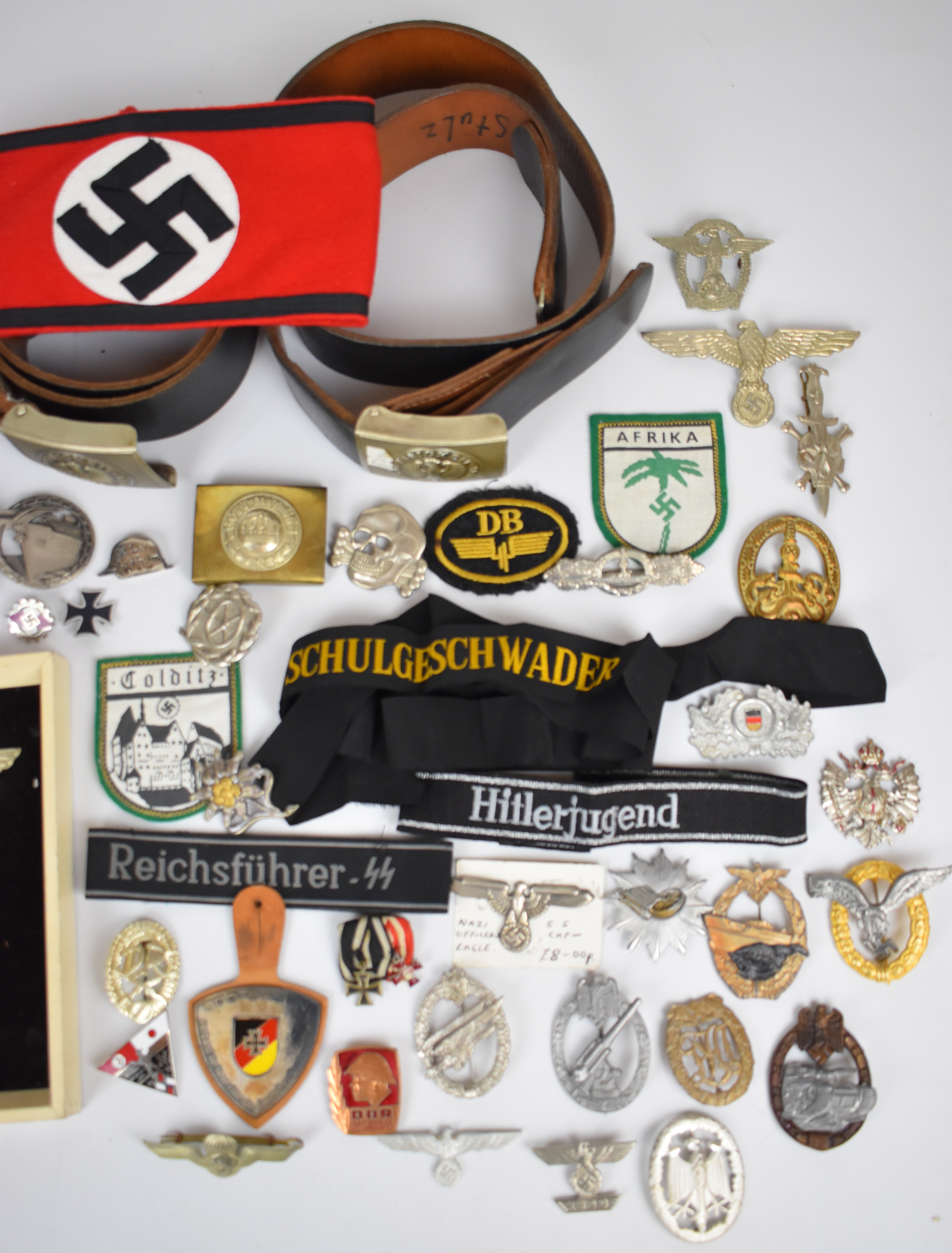 Collection of approximately 40 copy WW2 Nazi Third Rich badges, insignia, belts etc, including - Image 3 of 3
