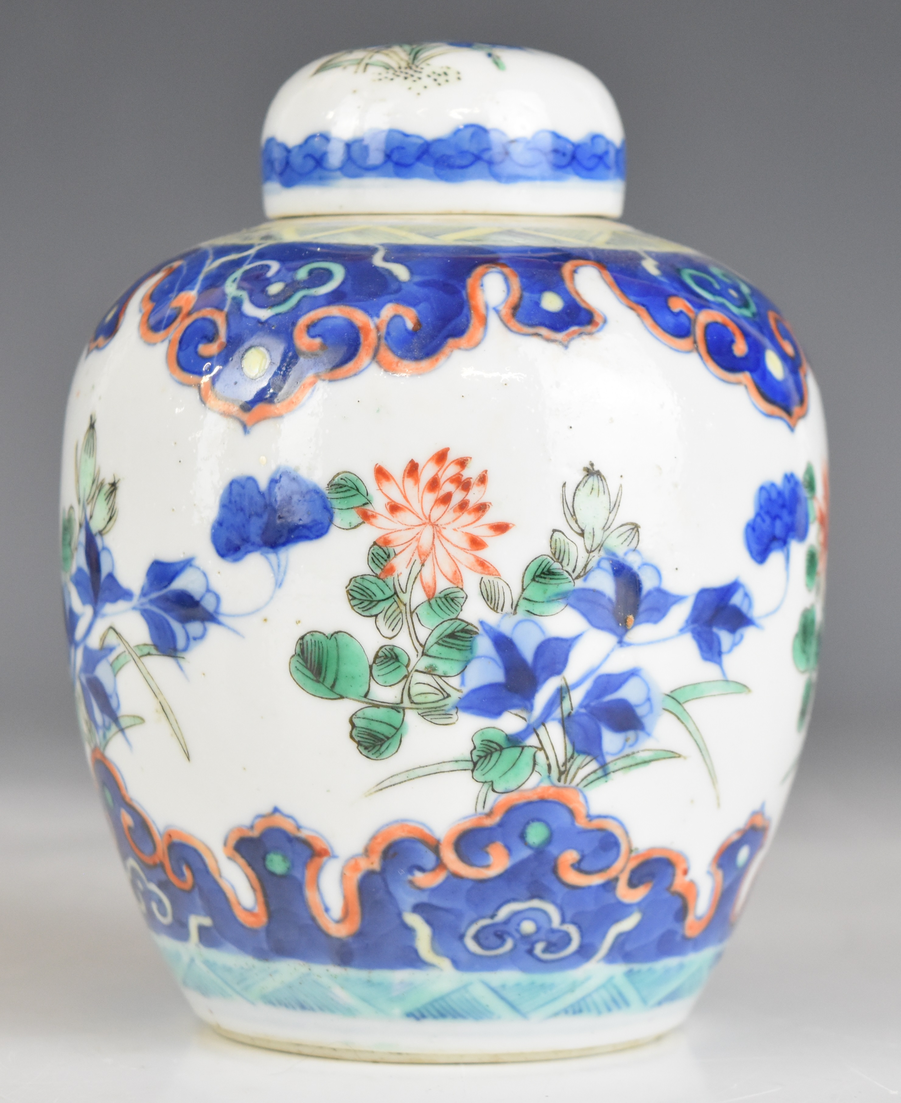 19thC Chinese covered ginger jar with botanical decoration and four character mark to base, height - Image 5 of 8