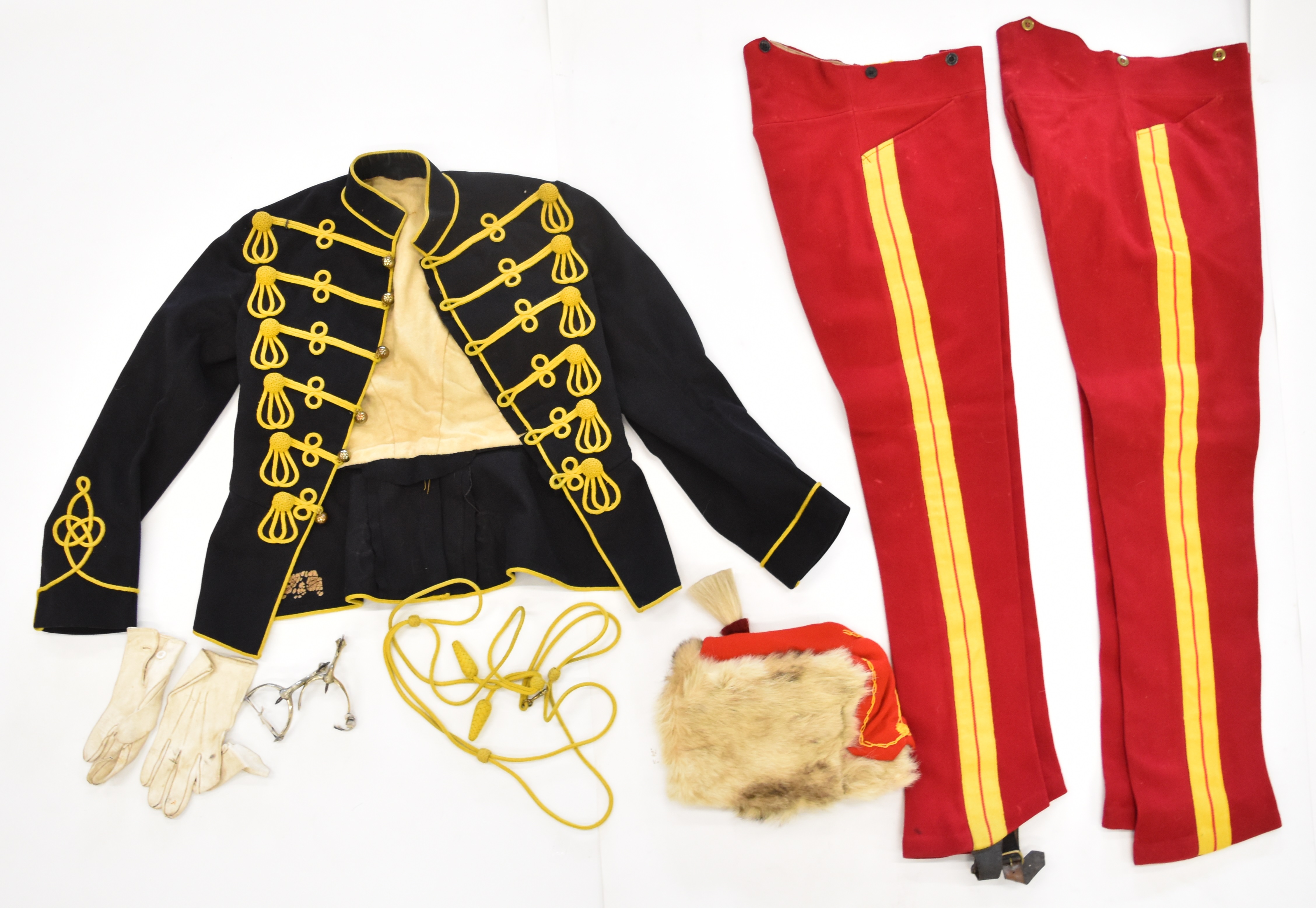 British Army 11th Hussars (Prince Albert's Own) uniform comprising two pairs of breeches, both
