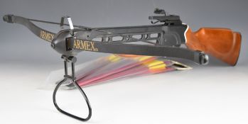 Armex crossbow with wooden stock and forend and adjustable sights, together with 20 Armex Trueflight