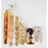 Four 19thC gilded, enamelled and jewelled glass scent / perfume bottles with stoppers, striped glass