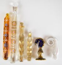 Four 19thC gilded, enamelled and jewelled glass scent / perfume bottles with stoppers, striped glass