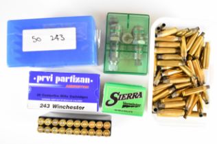 Seventy .243 Winchester rifle cartridges including Privi Partizan together with related .243 empty