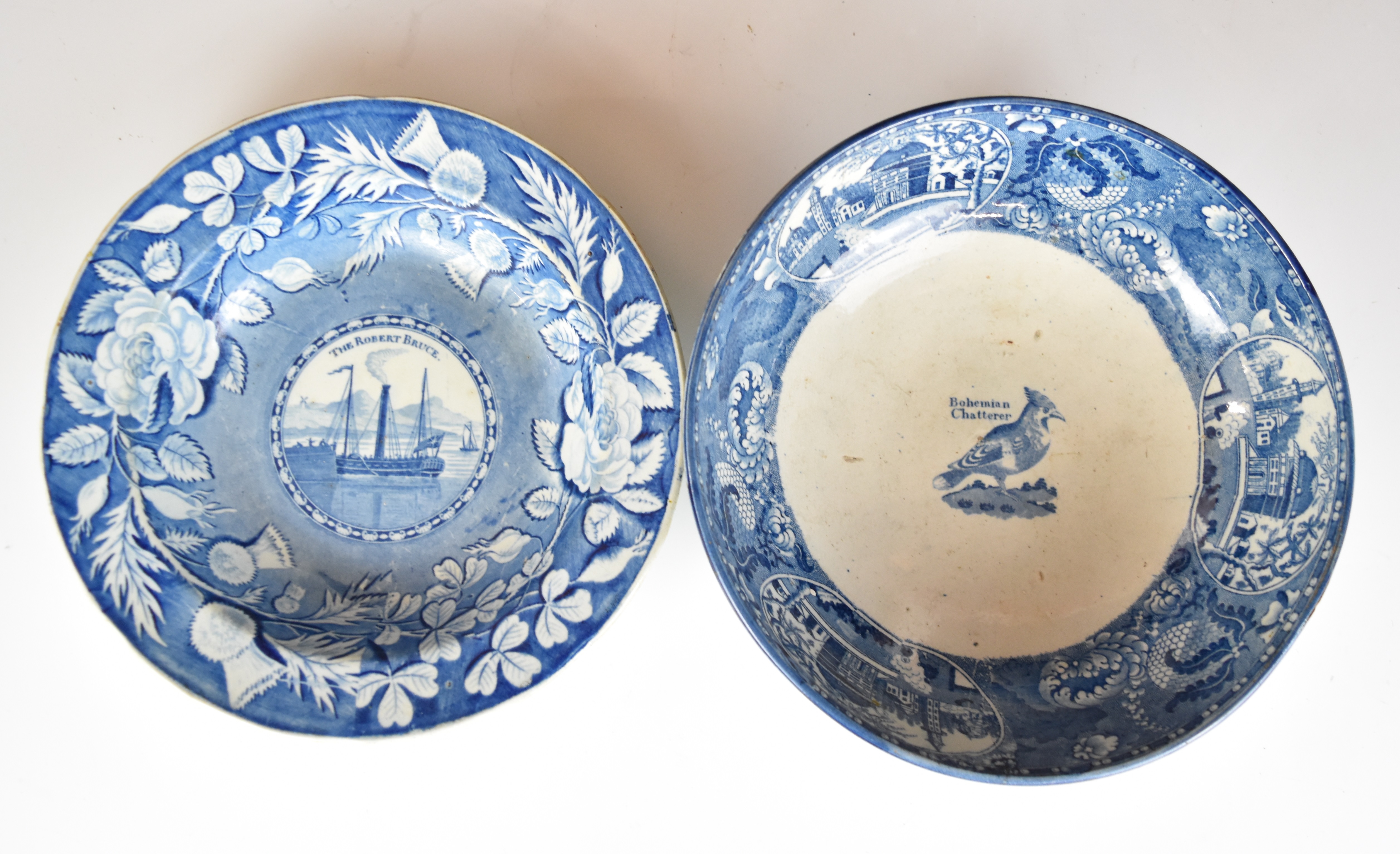 19thC blue and white pedestal bowl and dish entitled 'Bohemian Chatterer' and The Robert Bruce, - Image 7 of 12