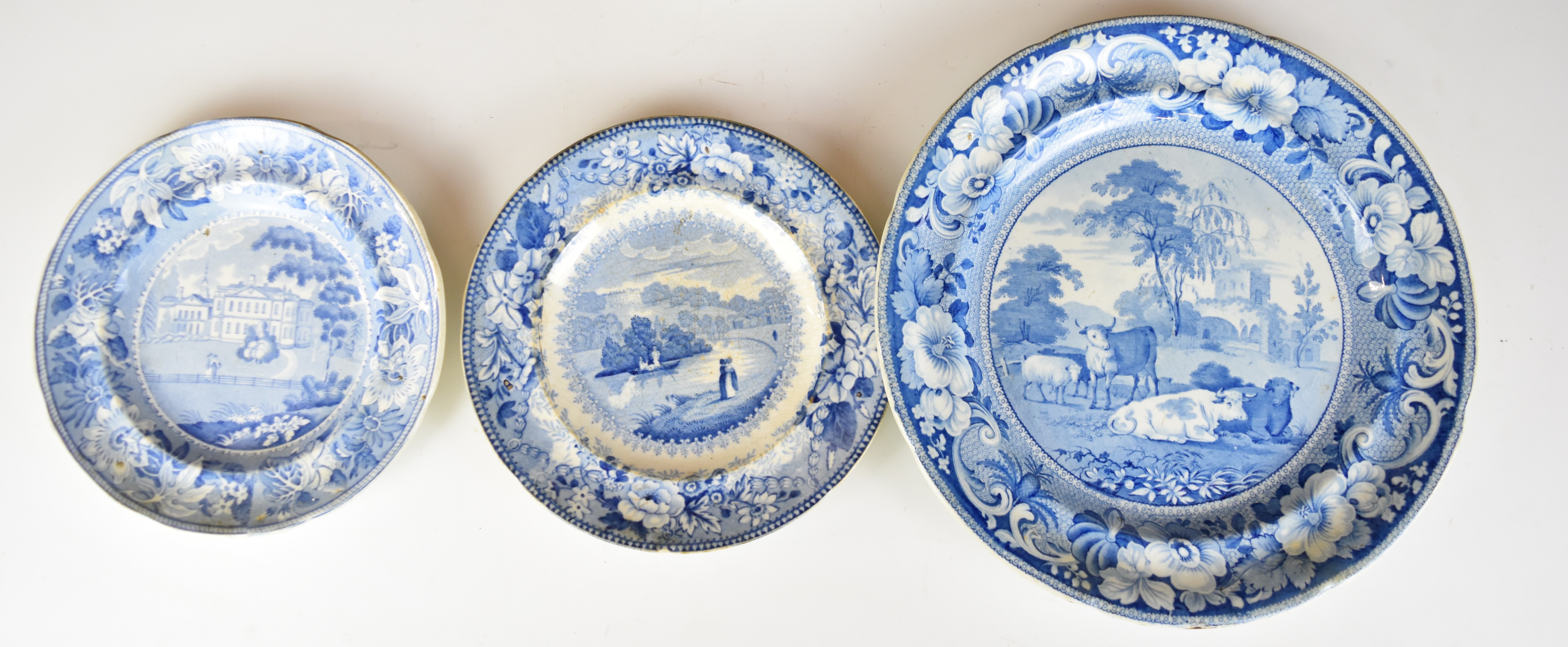Collection of 19thC blue and white transfer printed ware, named scenes include Lambton Hall - Image 4 of 6
