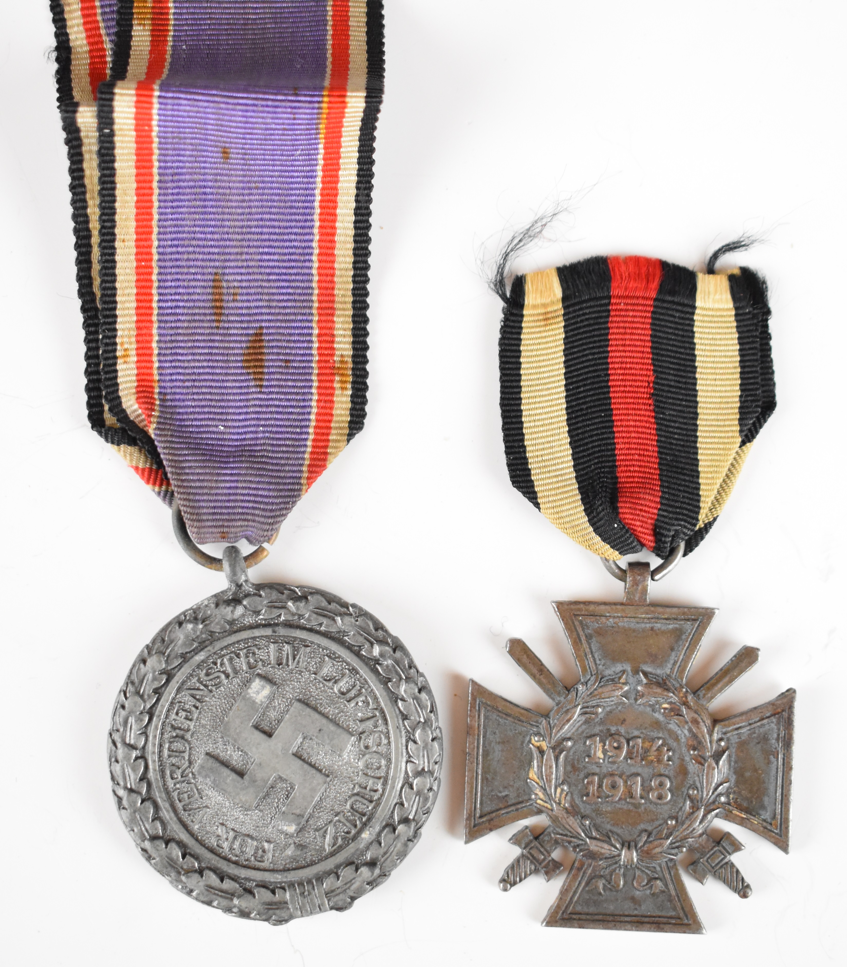 German WW2 Nazi Third Reich Luftshutz Service Medal, together with a WW1 War Merit Cross with