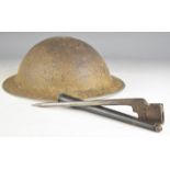 British Army Brodie steel helmet together with a Number 4 MkII spike bayonet and scabbard. PLEASE