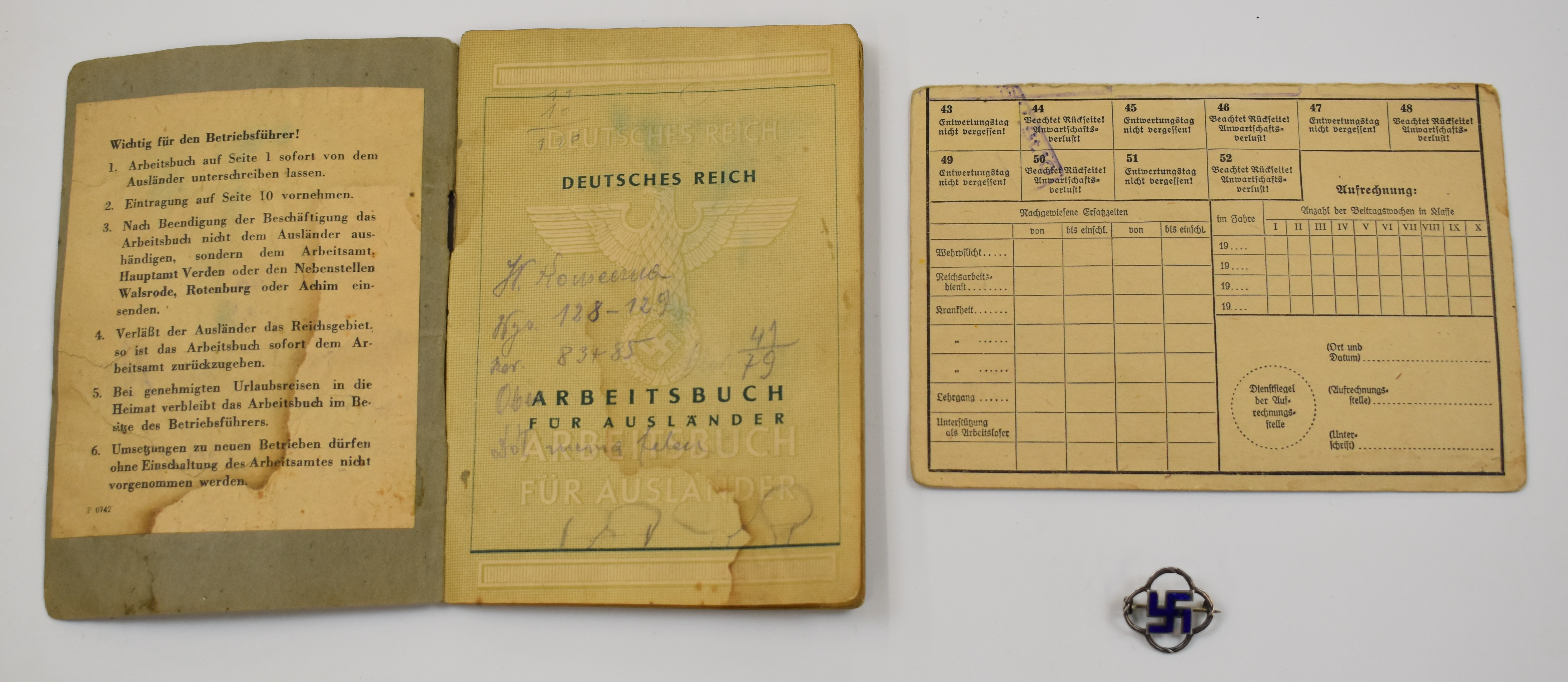 German WW2 Nazi Third Reich work book, card and hallmarked silver and enamel pin badge - Image 2 of 6