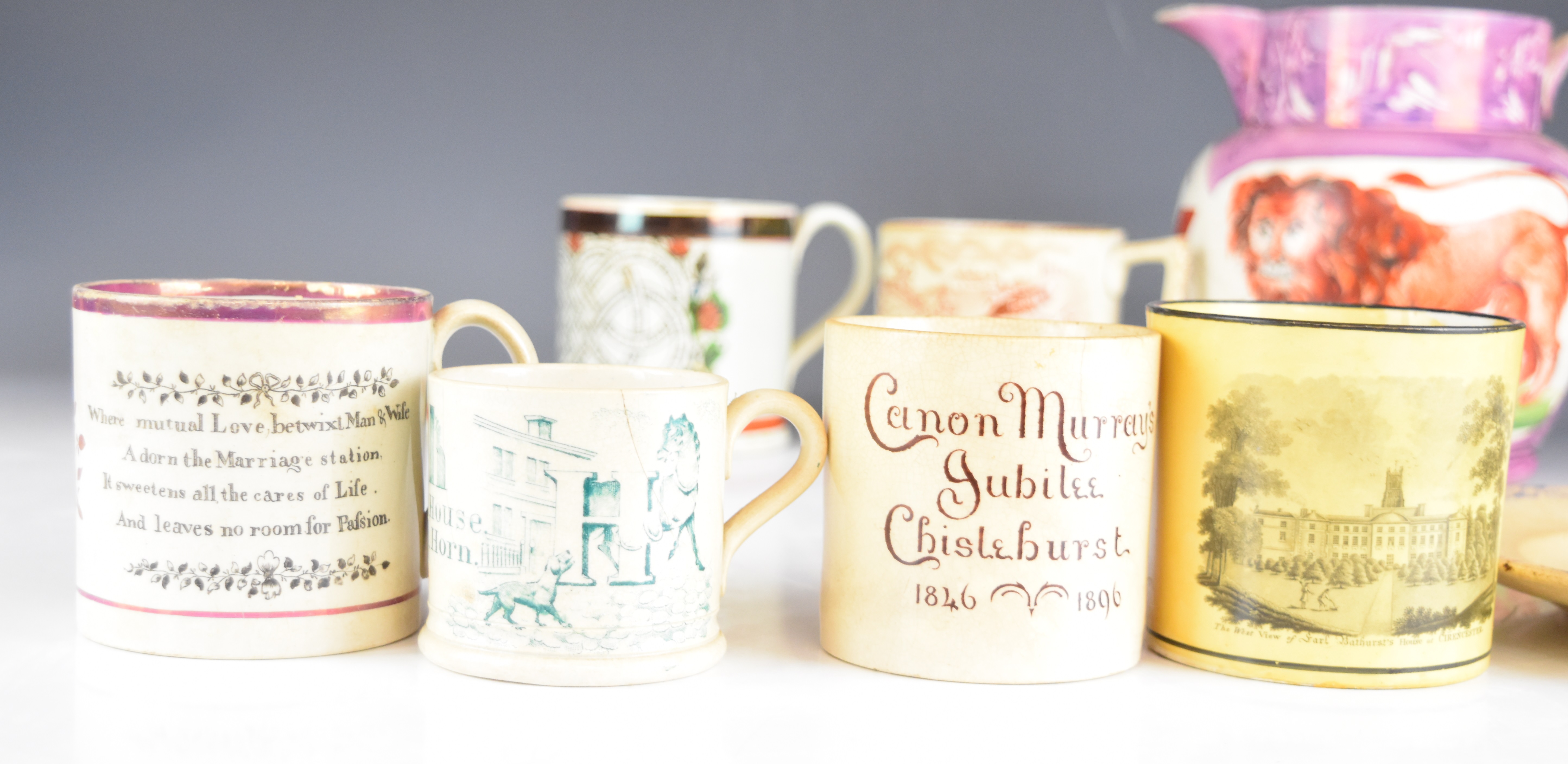 Collection of 19thC transfer printed cups, mugs and tankards, many featuring dogs, nursery ware, - Image 12 of 14