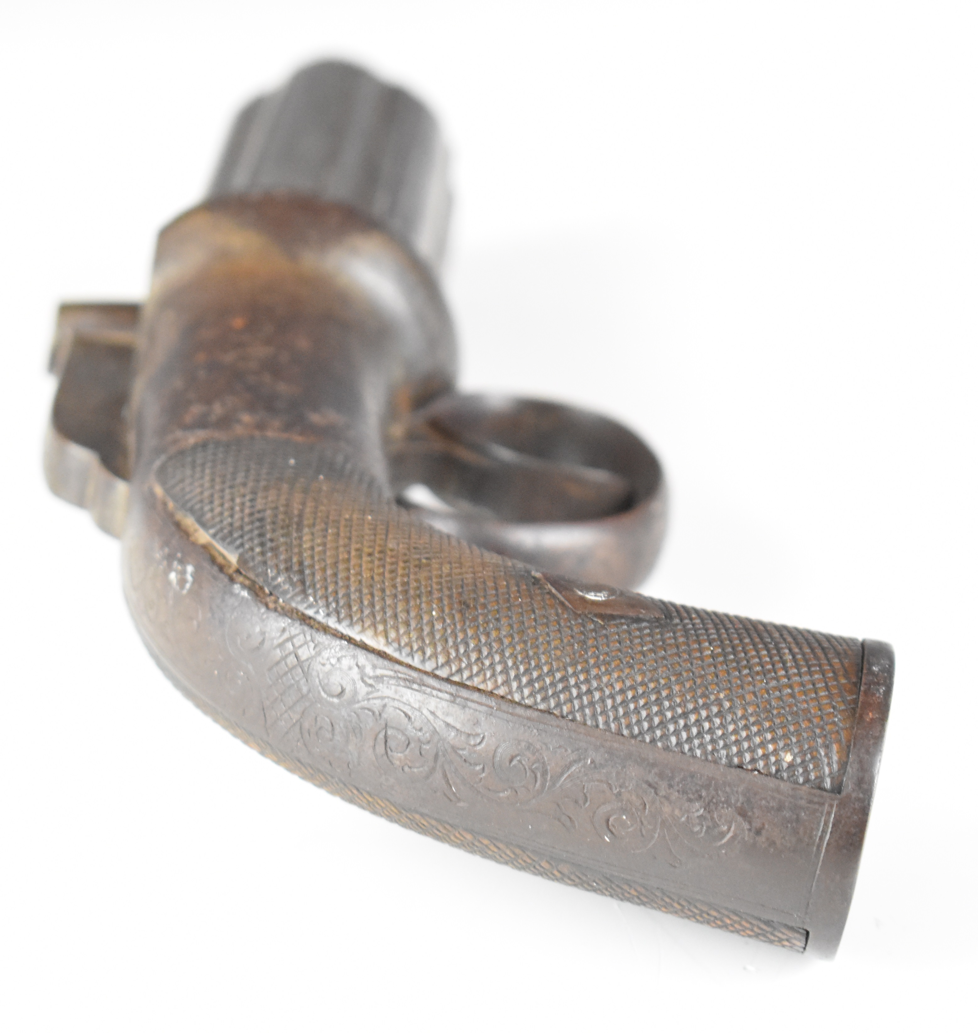 Unnamed six-shot bar hammer action percussion pepperbox revolver or pistol with engraved lock, top - Image 5 of 15