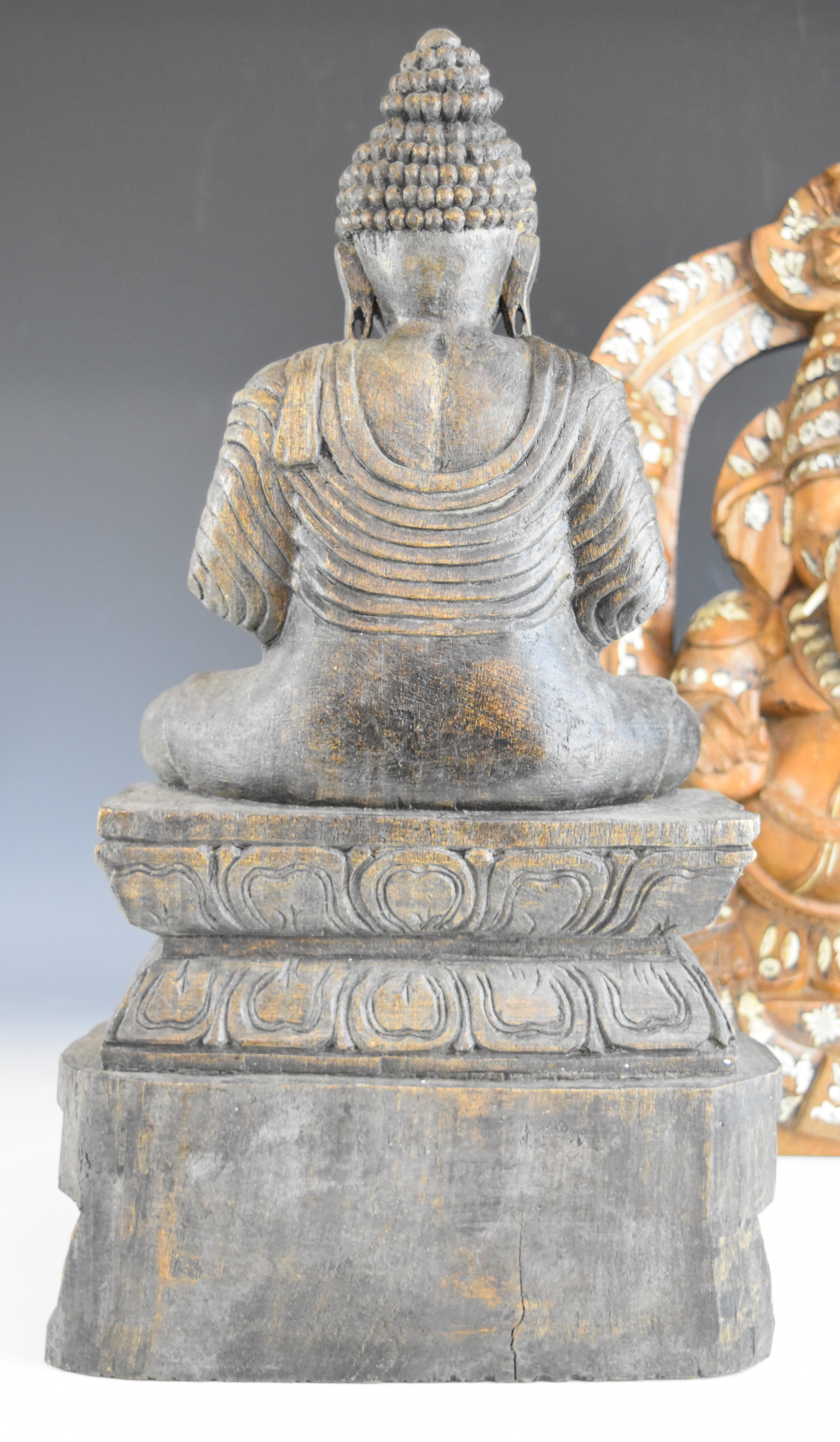 Two Indian carved wooden figures of Ganesh and young Buddha, tallest 46cm - Image 3 of 5