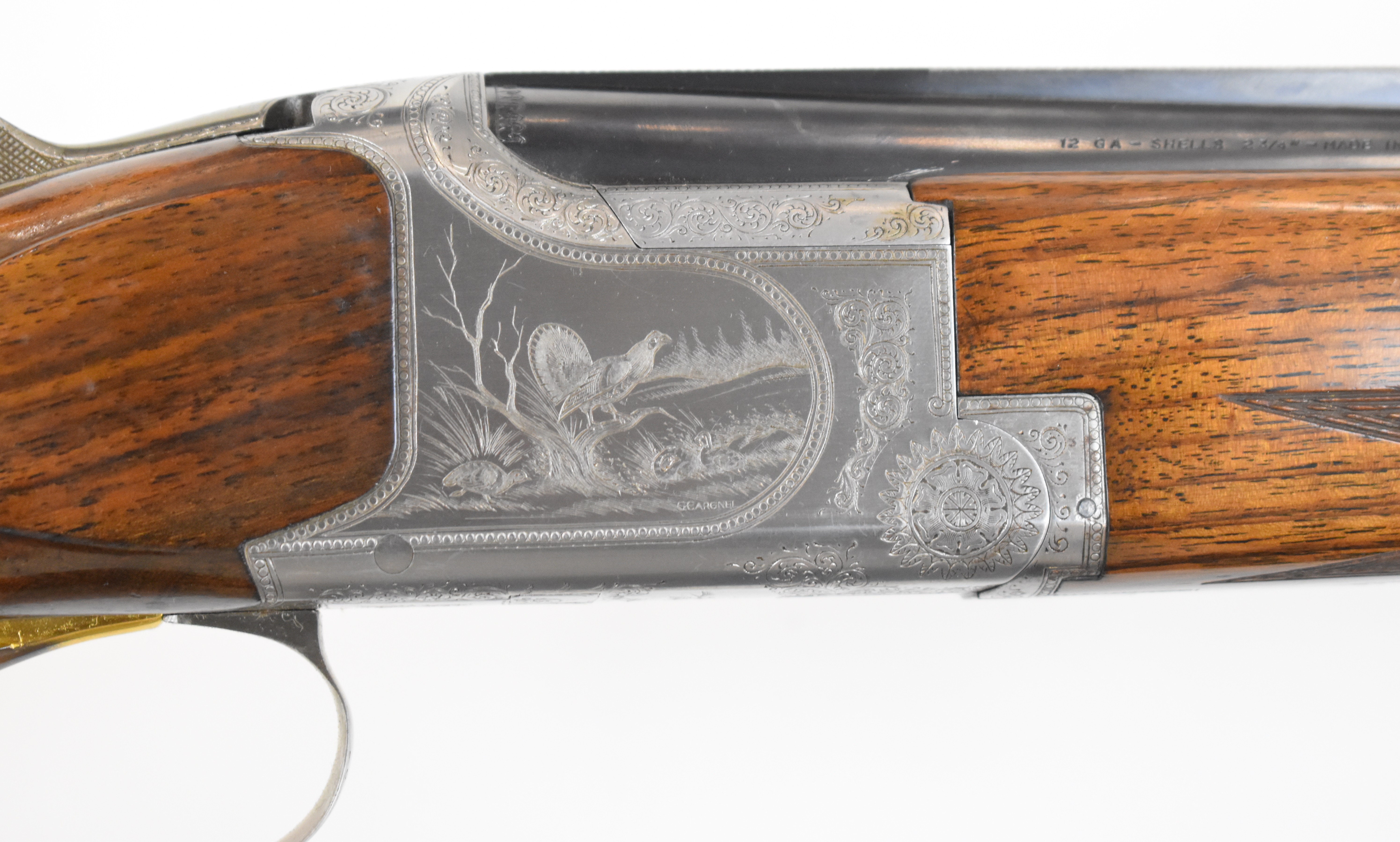 Browning B2 12 bore over and under shotgun with engraved scenes of birds to the locks and underside, - Image 6 of 12