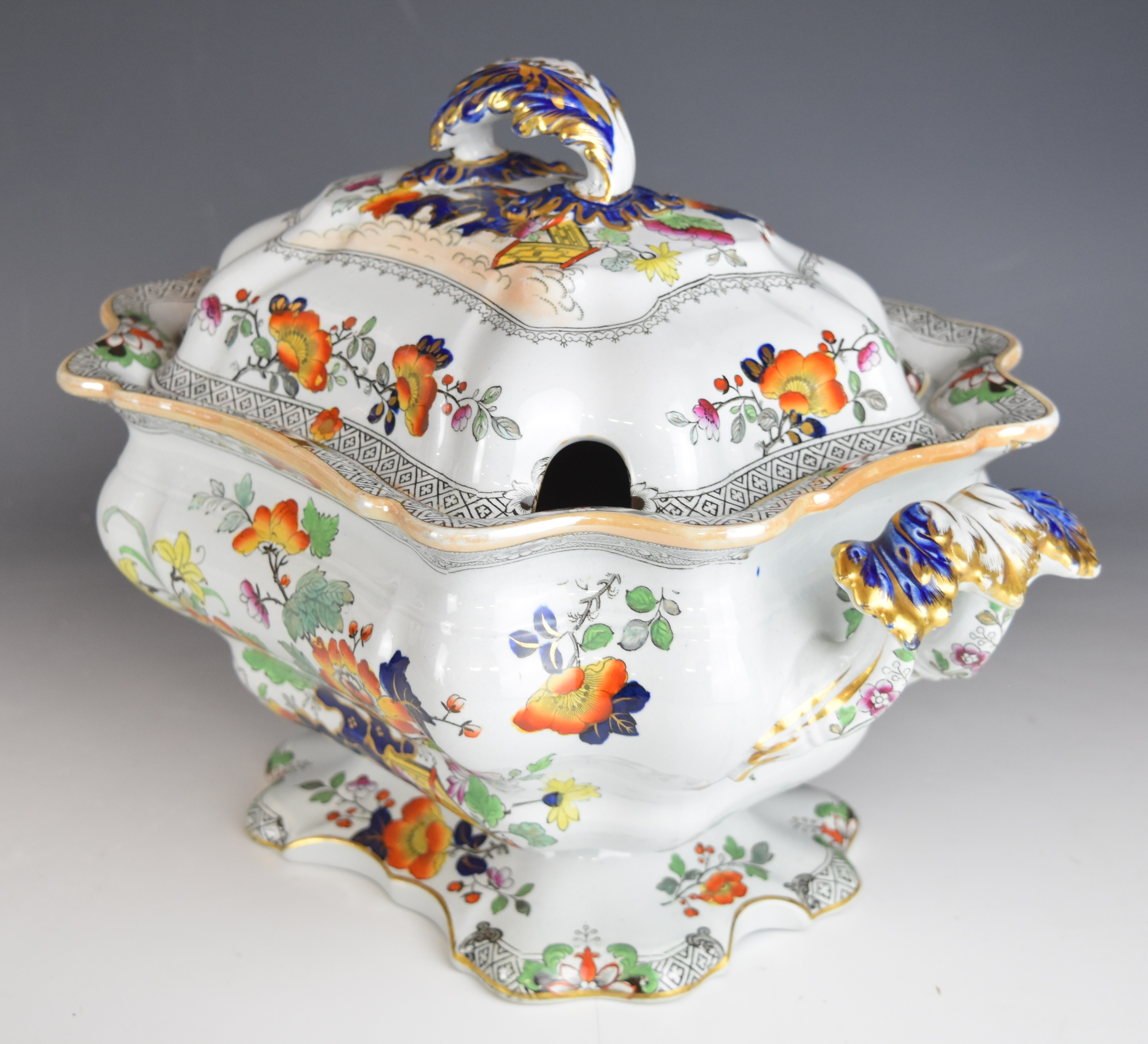 Mason's style 19thC Real Stone China two twin handled pedestal tureens and a jug, largest W35 x - Image 4 of 6