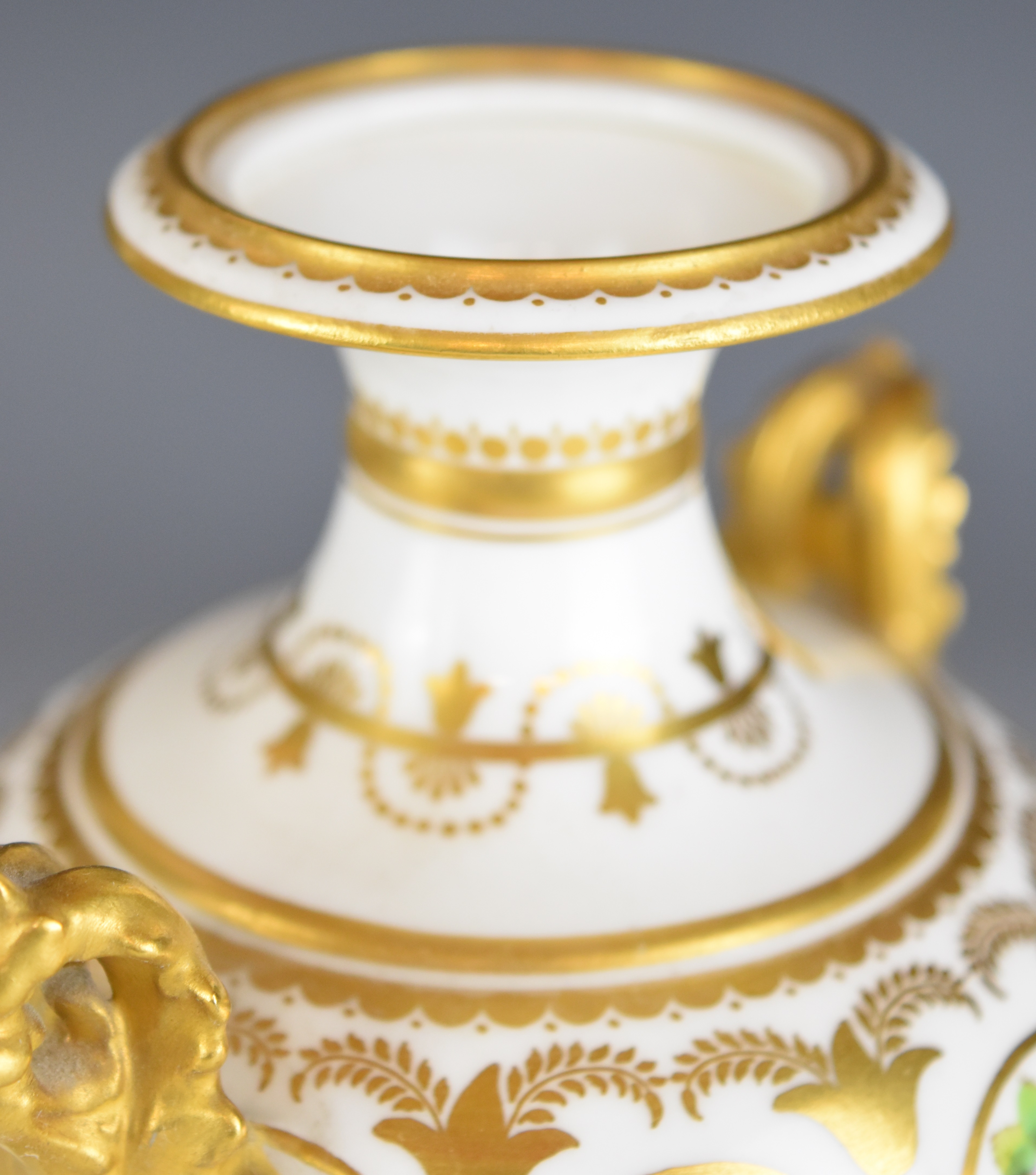 Royal Crown Derby twin handled pedestal vase decorated with roses and hips, height 21cm - Image 4 of 12