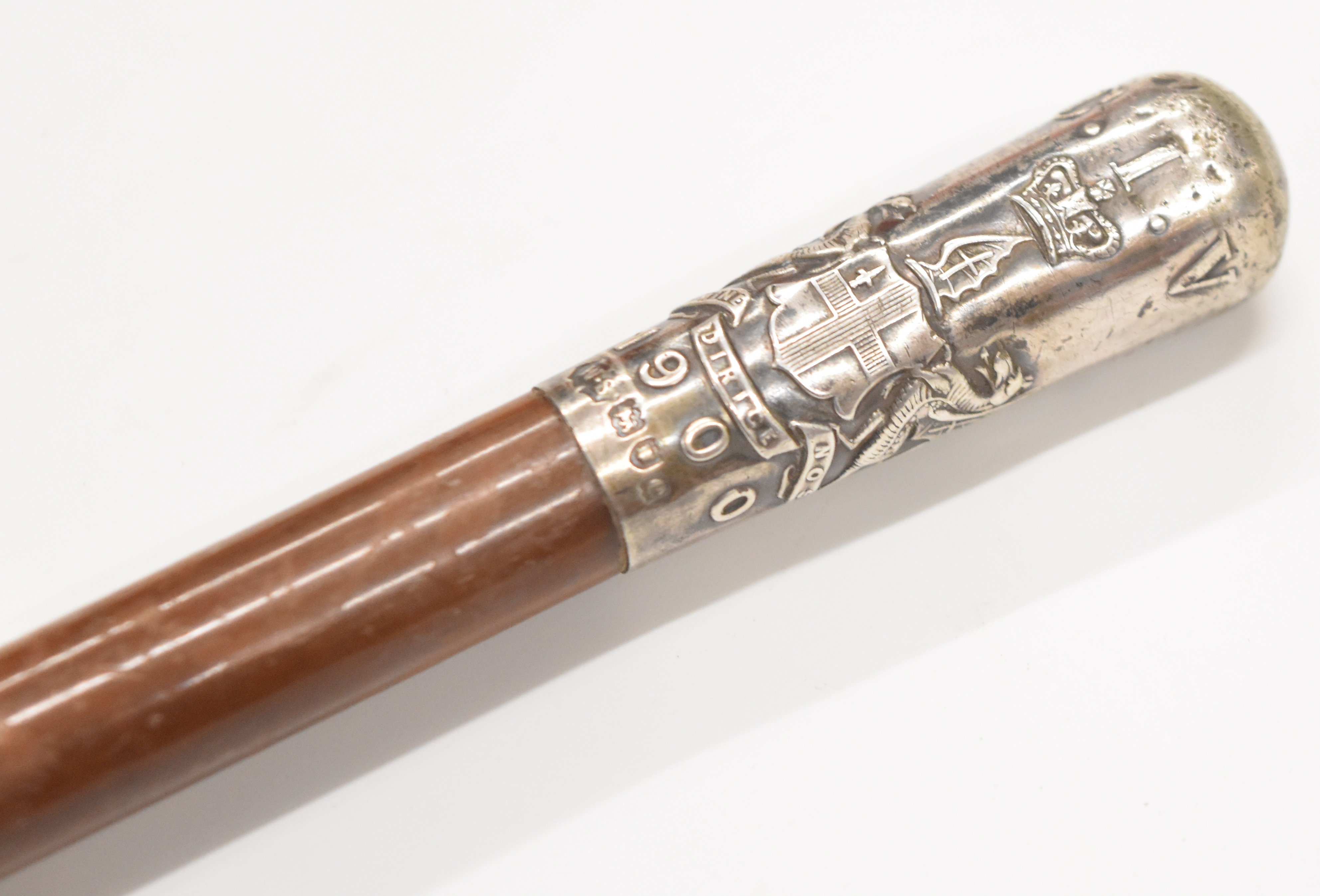 Boer War City Imperial Volunteers swagger stick with hallmarked silver top embossed CIV over City of - Image 2 of 3