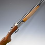 Lanber 12 bore over and under ejector shotgun with engraved scenes of birds to the locks and