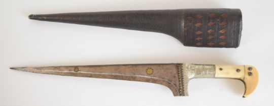 Indo Persian Pesh-Kabz knife or dagger with ivory grips to the curved handle, engraved decoration