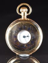 Waltham gold plated keyless winding half hunter pocket watch with subsidiary seconds dial, blued