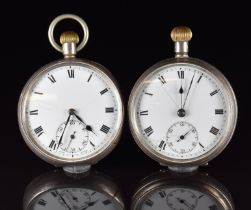 Two unnamed silver keyless winding open faced pocket watches, each with subsidiary seconds dial,