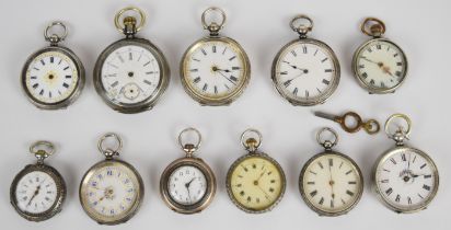 Eleven silver open faced pocket watches including some with gilt decoration to the dials and