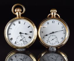 Two unnamed gold plated keyless winding open faced pocket watches, each with subsidiary seconds