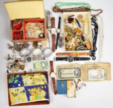A collection of jewellery including Victorian stick pins, watches, banknotes, silver bangle, three